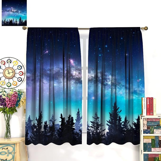 Forest Night Sky Blackout Curtains for Kitchen,Rustic North Star Moonlight Decor, Starry Moon Galaxy Nature Window Drapes Print for Boys Girls Bedroom Living Room 42x54in