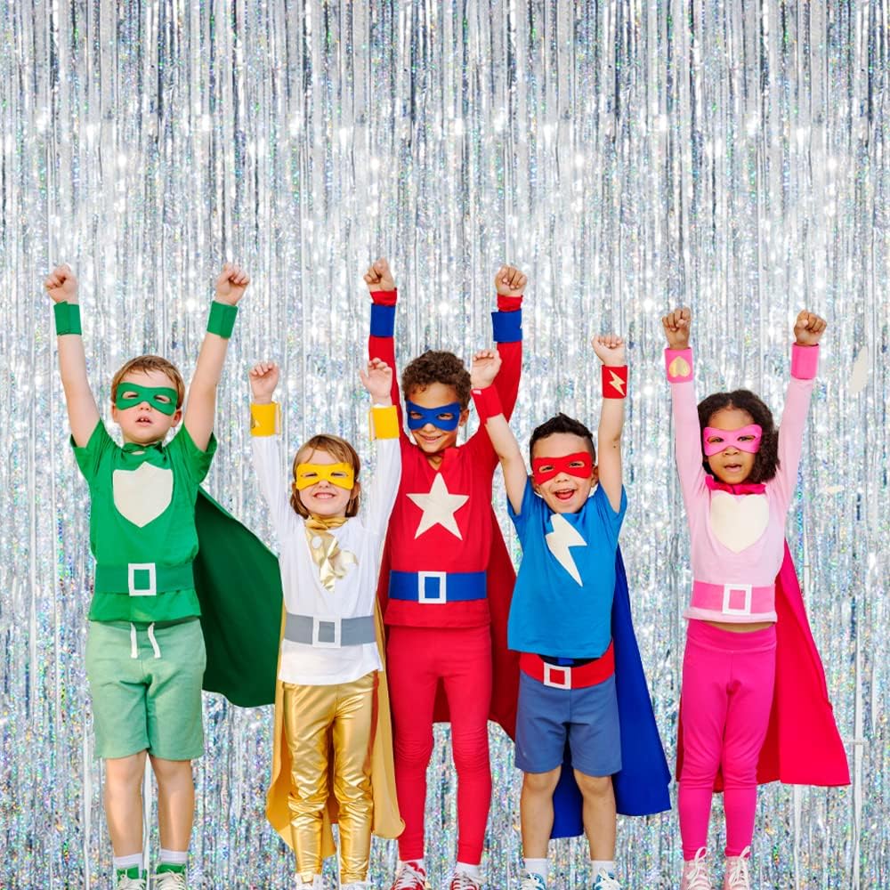 GOER 3.2 ft x 9.8 ft Metallic Tinsel Foil Fringe Curtains Party Photo Backdrop Party Streamers for Birthday,Graduation,New Year Eve Decorations Wedding Decor (5 Packs,Shiny Silver)