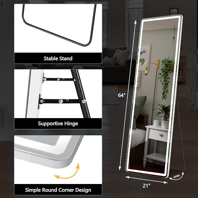 DUMOS Full Length Mirror Lighted, 20"x63" LED Floor Standing Mirror | LED Lights 3 Color Lighting and Shatterproof Tempered Glass, Wall Hanging or Leaning, Floor Standing, Modern Home Decor