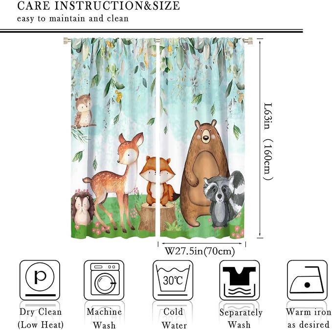 YCness Kid Forest Woodland Animal Fox Elk Bear Watercolor Print Curtains - Nursery Bedroom Living Room, Rustic Safari Wild Animal Blackout Window Drapes 2 Panel Set, 55x63 Inch