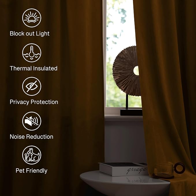 StangH 120 inches Curtains Gold Brown Blackout Velvet Drapes for Bedroom, Retro Thermal Insulated Light Blocking Window Curtains for Living Dining Room, W52 x L120, 2 Panels