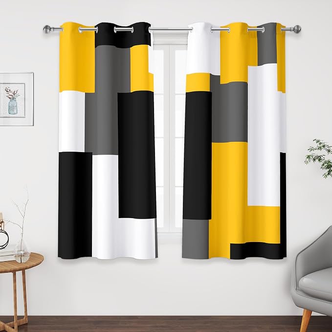 Tyrot Yellow 100% Blackout Curtains 45 inch Length 2 Panels Set Black White Grey Modern Abstract Geometric Drapes for Kitchen Black Out Curtains Insulated Room Darkening Small Window Curtains, 42Wx45L
