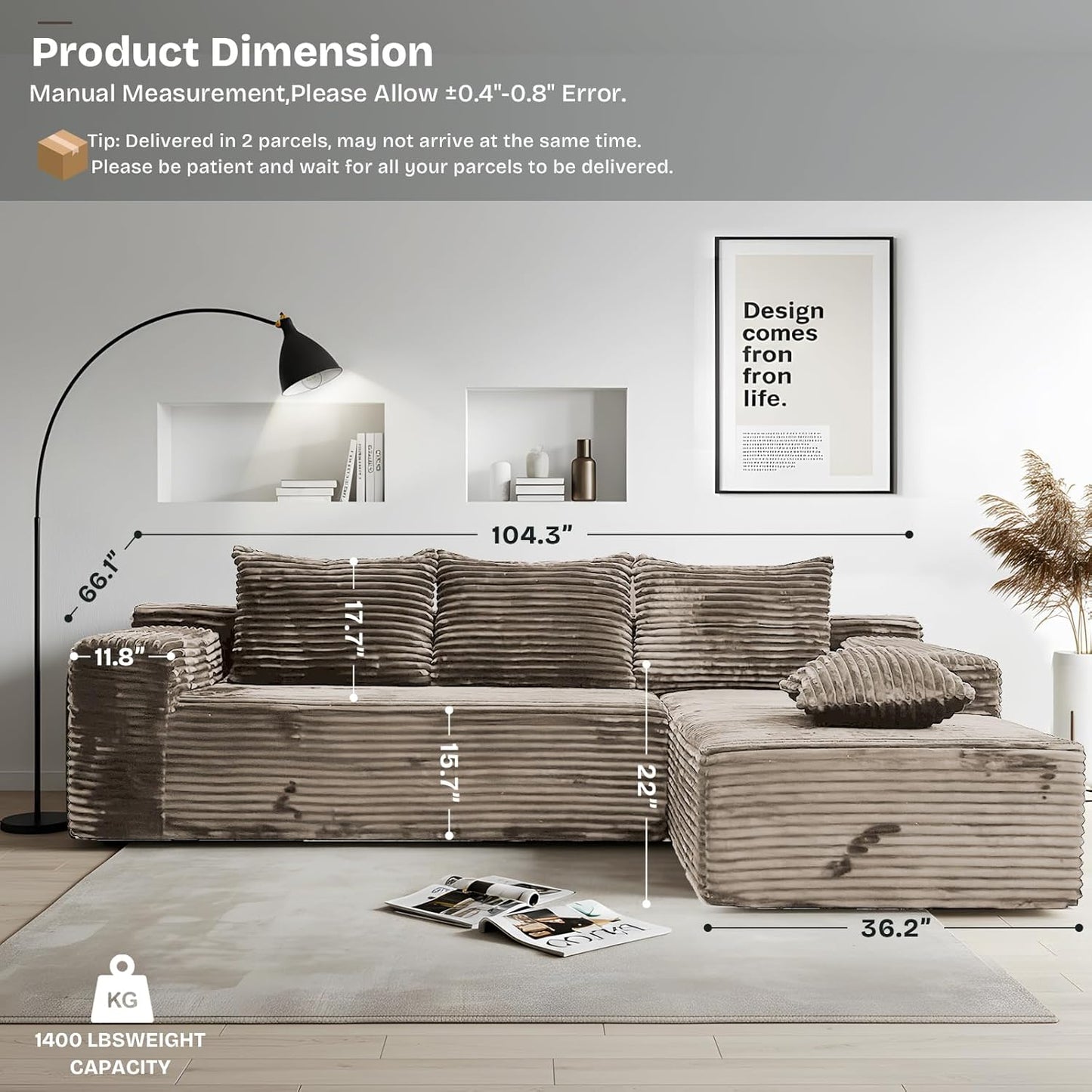 104" Modern Modular L-Shape Sofa Couch with Chaise Light Coffee Faux Rabbit Fur Cloud Sectional Couch with Deep Seat Modular Sectional Sofa No Assembly Required Upholstered Couches for Living Room