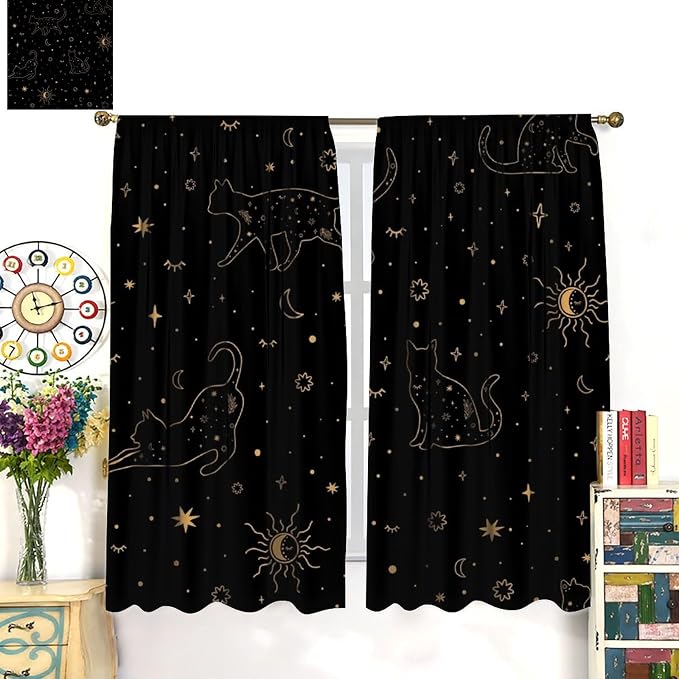 Sun Moon Cat Blackout Curtains, Golden Starry Cats Mystery Stars Sun Moon Magic Sky Window Treatment Drapes for Bedroom Living Room 52" W X 84" L
