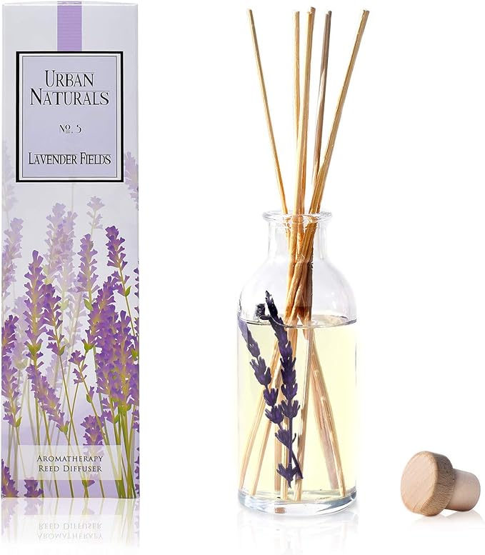 Urban Naturals Reed Diffuser Set, Lavender Fields - Bathroom Shelf Décor | Real Lavender Stems French Blossoms, Geranium & Clary Sage, for Aromatherapy & Stress Relief, Vegan