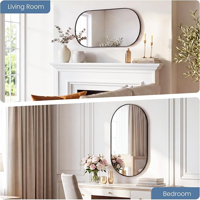 Sweetcrispy 24"x36" Oval Black Bathroom Mirrors for Wall, Bathroom Mirrors for Over Sink, Metal Framed with HD Shatter-Proof Glass for Entryway, Living Room, Bedroom