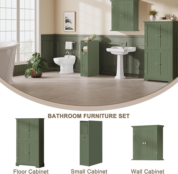 ChooChoo Slim Bathroom Storage Cabinet, Small Narrow Storage Organizer with Slide Out Drawers, Freestanding Toilet Paper Holder, Bathroom Cabinet for Small Places, Green