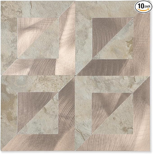 10-Sheets Stunning 3D Visuals Peel and Stick Backsplash Mosaic Tiles, PVC Stone Texture Look,Heat Resistant Stick on Tiles for Kitchen Wall, Bathroom, Laundry Room(Beige Marble + Rose Gold)
