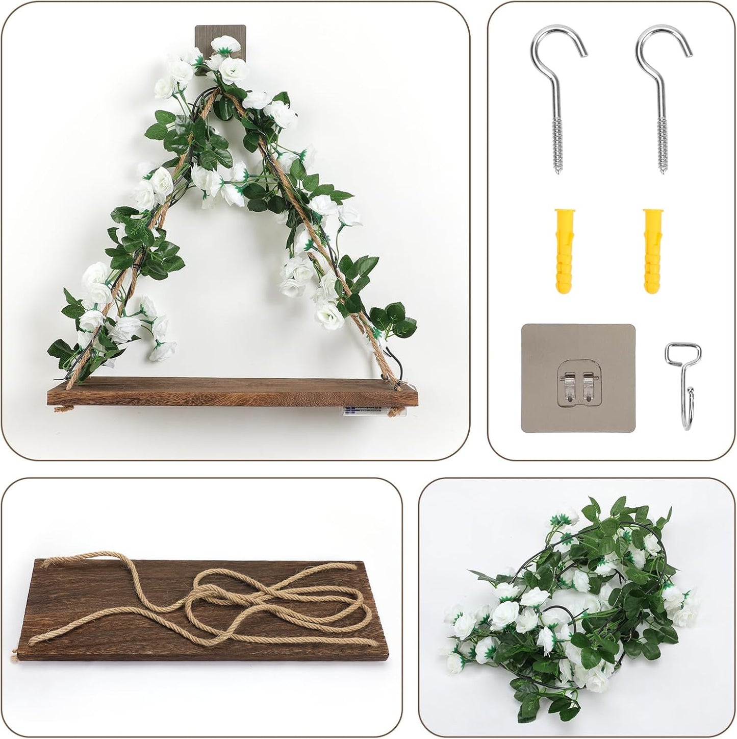 Floating Shelves for Wall,Plant Wall Decor,Hanging Shelf,Cottage Core Decor,Room Decor Aesthetic,Boho Room,Adhesive Shelves,Floating Shelves for No Drilling,Two-Piece Set(White Flower)