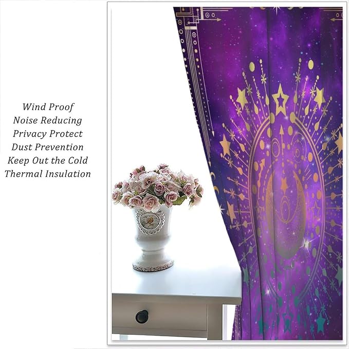 Sun Moon Blackout Curtains, Abstract Bohemian Universe Starry Sky Galaxy Mystic Art Window Drapes, for Bedroom Living Room 42" W X 63" L