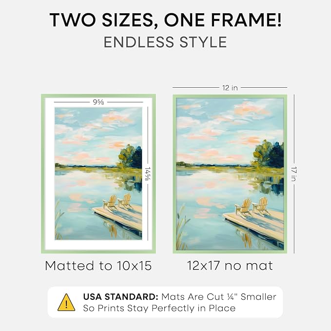 Homeforia 12x17 Picture Frame Sage Green, High End Metal 12x17 Poster Frames with Mat 10x15 Photo, 12 x 17 Sage Green Frame Matted to 10 by 15 Art, 17x12 Thin Frame, Tempered Glass, Wall Kit, Set of 1