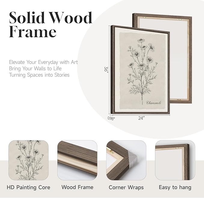 Framed Farmhouse Botanical Canvas Wall Art for Living Room, 3 Piece Large Vintage Neutral Floral Line Artwork for Walls, Minimalist Rustic Sketch Art Prints Paintings for Bedroom Kitchen, 24x36 Inch