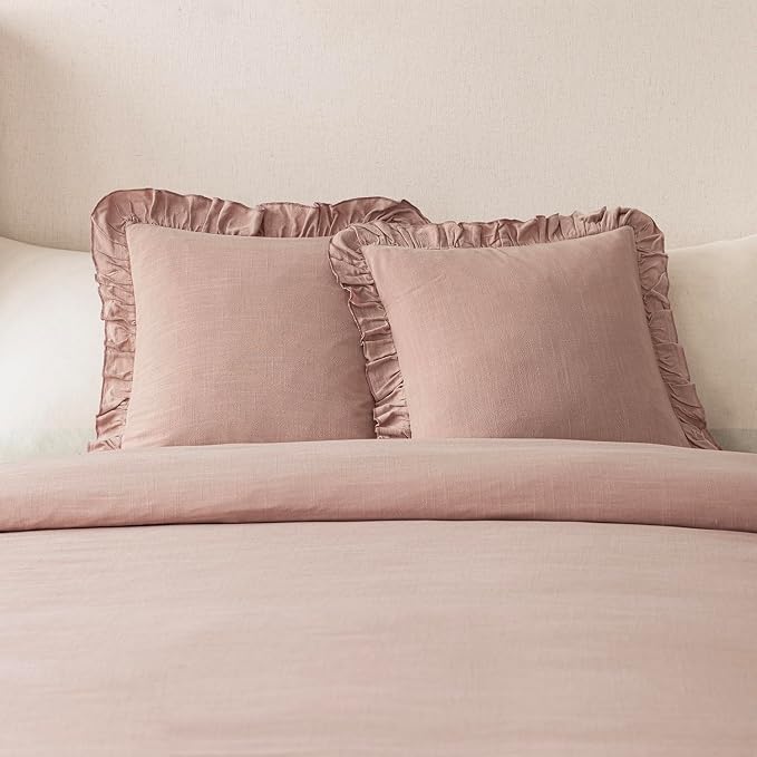 Foindtower Set of 2 Decorative Linen Fringe Ruffle Throw Pillow Covers Soft Boho Farmhouse Cushion Cover Cozy Accent Retro Pillowcase for Couch Sofa Bed Living Room Home Decor,22×22 Inch,Coral Pink