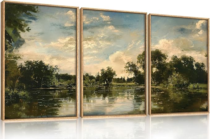 Vintage Landscape Framed Canvas Wall Art Set,Rustic Natural Green Trees and Lake Wall Decor,Classic Nature Scenic French Country Forest Artwork for Living Room,Bedroom,Farmhouse-16 x24 x3