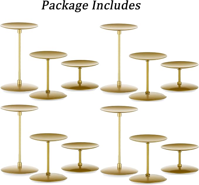 Pillar Candle Holders Candelabra Gold - Set of 12 Bulk Candle Stand Iron Plate Minimalism Modern Home Mantel Dinning Table Decorations Centerpiece for Wedding, Party, Housewarming, Events