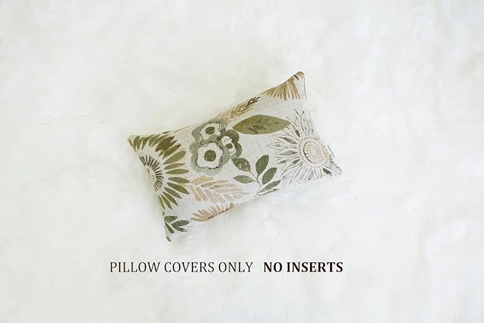 Mika Home Pack of 2 Decorative Oblong Rectangular Throw Pillow Cover Cushion Cases for Chair,Sunflower Pattern,12x20 Inches, Green Cream