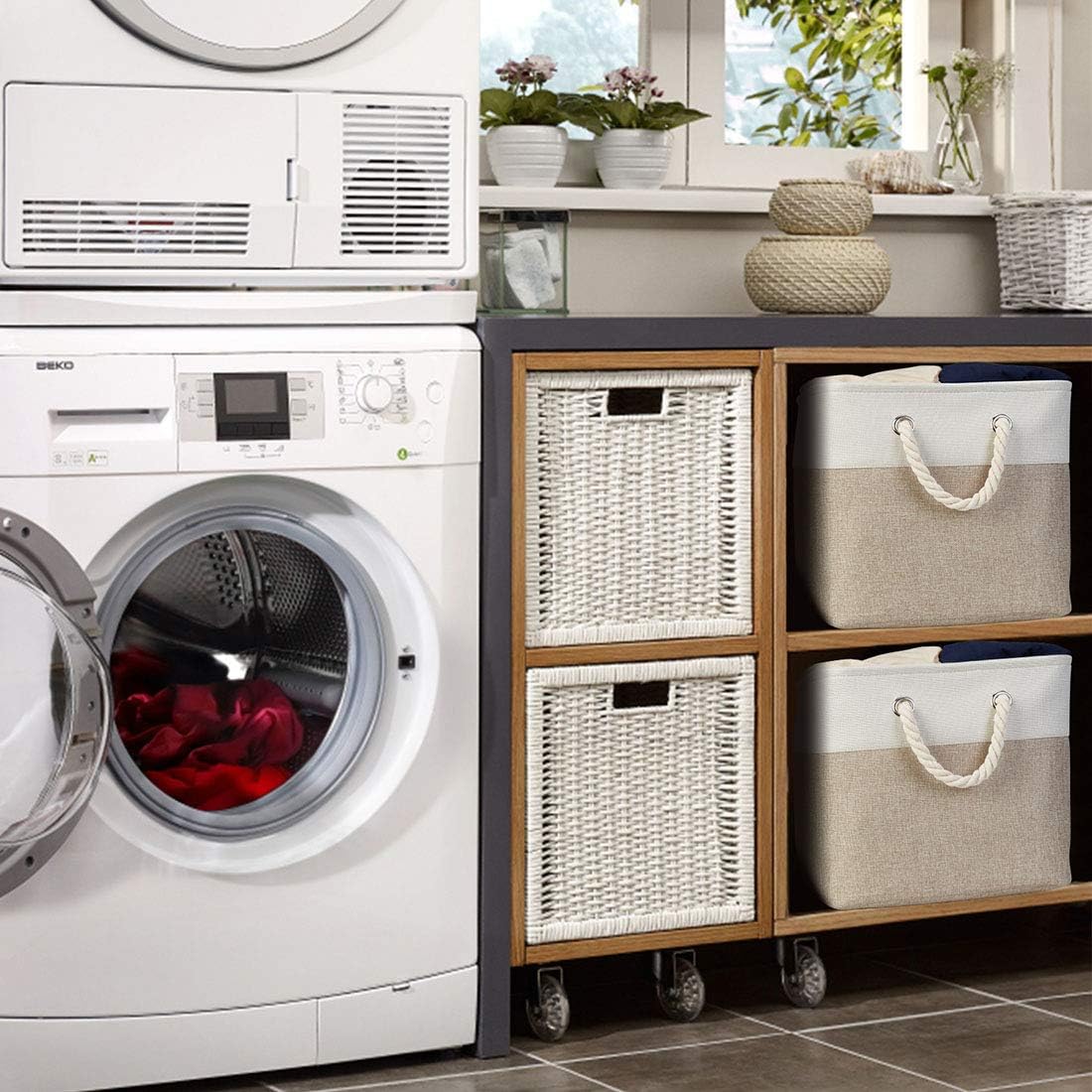 i BKGOO 3Pack Large Foldable Storage Bins，Collapsible Sturdy Cationic Fabric Organizing Storage Basket Cube with Cotton Handles for Home Office Shelf Clothes Toys White-Khaki 13×13×13 inch