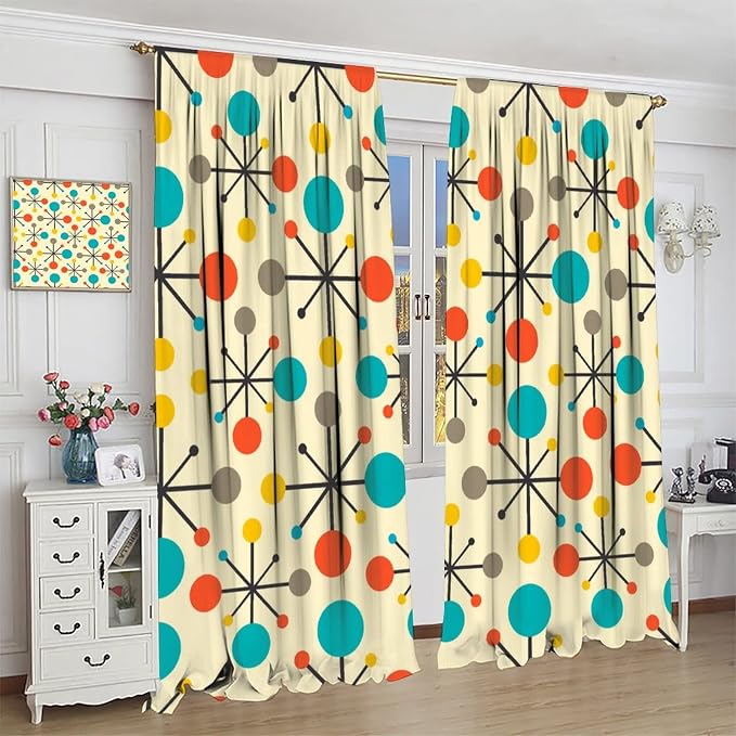 JESTRONRY Mid Century Curtains,Mid Century Fifties Modern Retro Colors Pattern Blackout Rod Pocket Window Drapes for Living Room Bedroom Kitchen Bathroom Home Decor 55x63in
