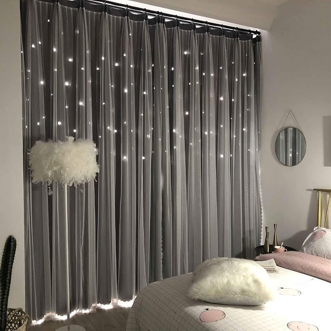 UNISTAR 2 Panels Stars Blackout Curtains for Bedroom Girls Kids Baby Window Curtain Double Layer Star Cut Out Aesthetic Living Room Decor Wall Home Decorations Curtain,W52 x L63 Inches,Grey