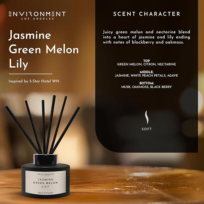 Environment Inspired by 5-Star Resort WN Reed Diffuser, 200ml Luxury Scented Aromatherapy (Jasmine | Green Melon | Lily) Reed Diffusers for Home, Diffusing Oil Fragrance, Home Fragrance Products