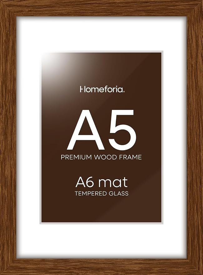 Homeforia A5 Picture Frame Brown, High-End Dark Oak 5.8x8.3 Wood Frame Matted to 4.1x5.8 inch Photo, A5 Size Walnut Wooden Frames with Mat A6 Print, 5.8 x 8.3 Frame, Tempered Glass, Wall Kit, Set of 2