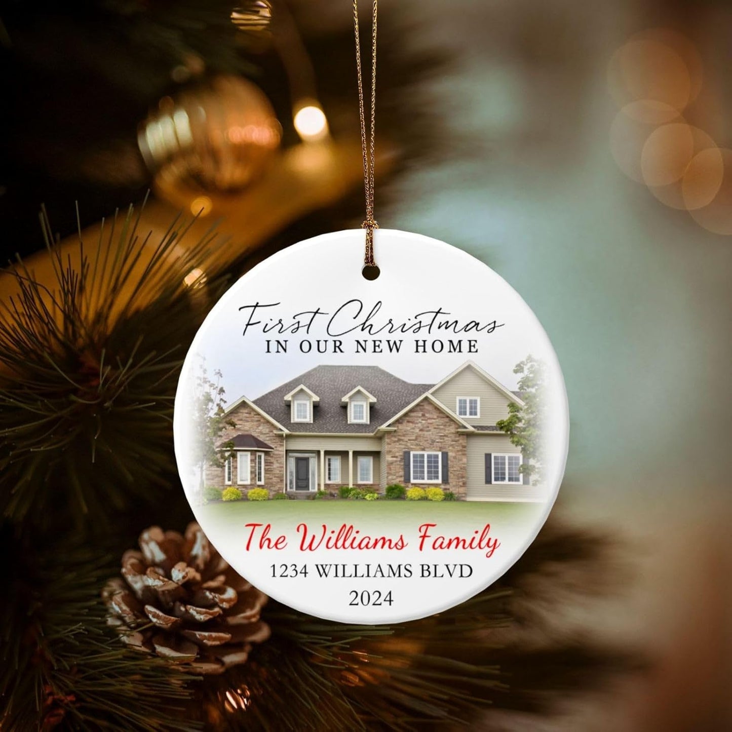 Personalized New Home Ornament 2025 w/Photo & Address, Custom First Christmas in Our New Home Ornaments,Double-Sided Ceramic Customized New House Xmas Ornaments