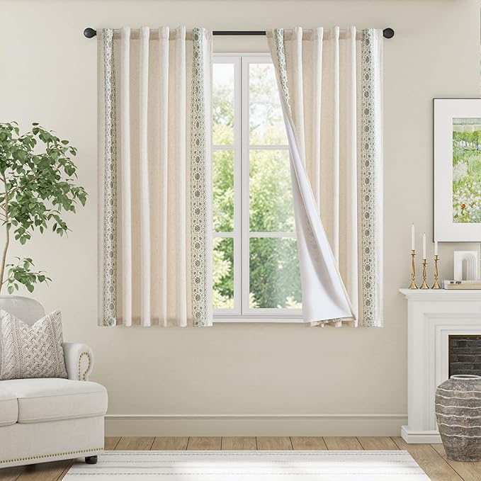 jinchan Weslie Boho Lined Linen Curtains for Bedroom Sage Green Vintage Floral Farmhouse Curtains 63 Inch Length Linen Drapes for Living Room Embroidered Drapes Sage on Beige 2 Panels