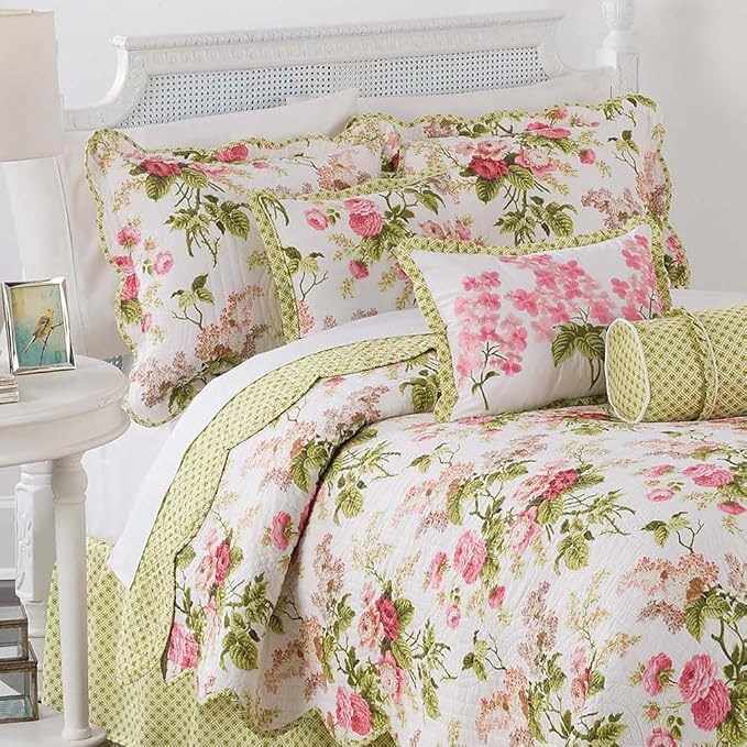 Waverly Emma’s Garden 4-Piece Quilt Set – King - Blossom Floral Print - 100% Cotton with Scalloped Edge & Striped Bed Skirt