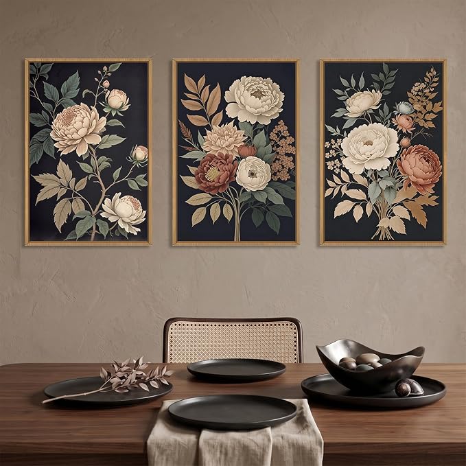 HOURIA Large Moody Dark Flower Framed Canvas Wall Art,Retro Beige Red Peony Wall Decor,Vintage Textured Blossom Botanical Artwork,Natural Wildflower Art Print for Living Room,Bedroom,Office-16 x24 x3