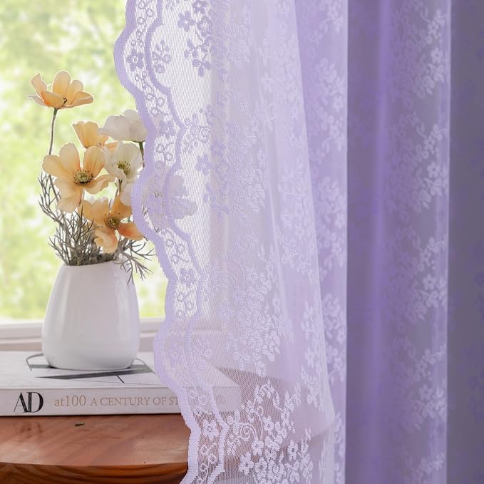 YJ YANJUN Vintage Lace Curtains 84 Inches Long-Victorian Floral Pattern Lavender Sheer Curtain Panels for Living Room Bedroom,Light Filtering, Romantic Girly Drapes 2 Panels 52W x 84L Light Purpel