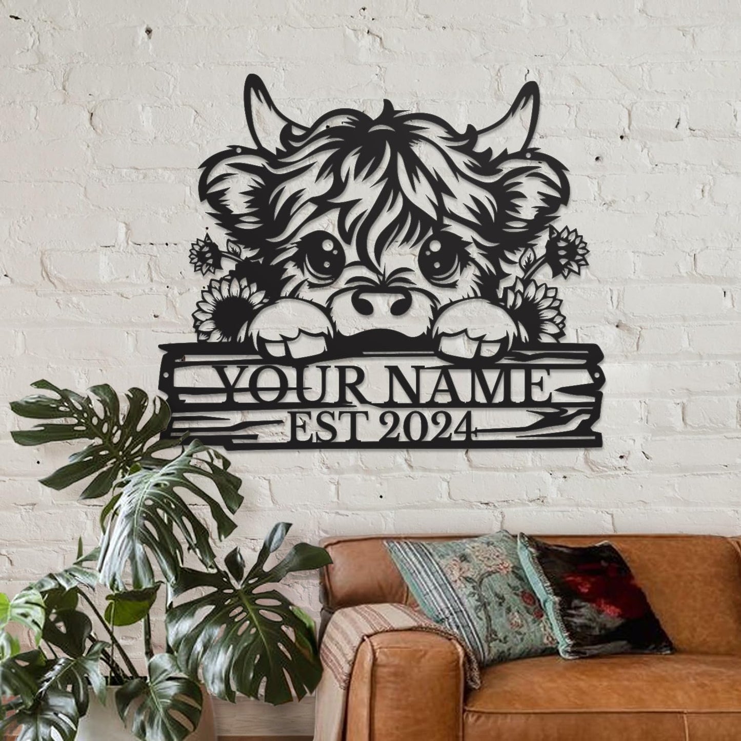 Personalized Highland Cow Name metal Signs,Custom Highland Cow Metal Shed Wall Decor,Black Metal Wall Art Plaques Outdoor wall Decorative Signage (Style D)