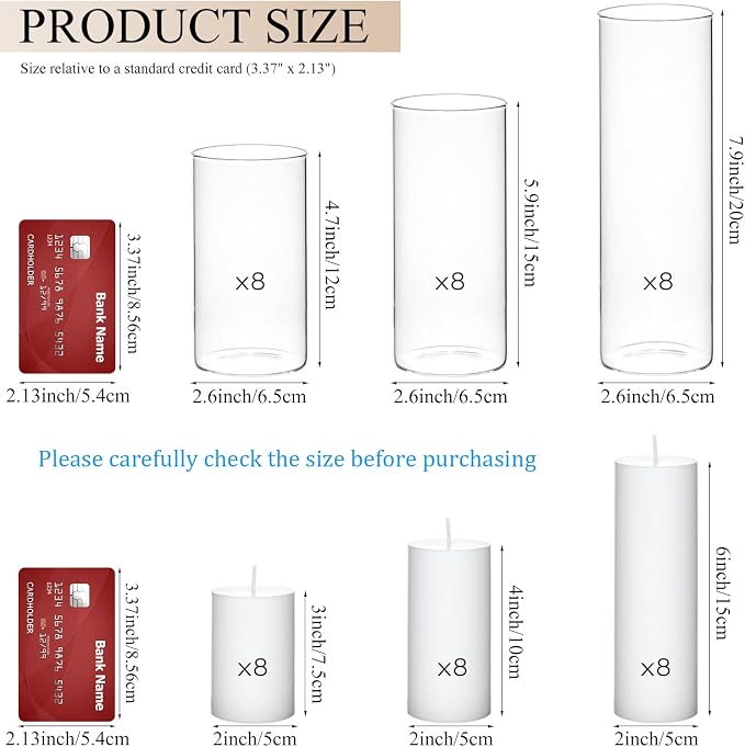 Set of 24 White Pillar Candles with Clear Glass Hurricane Holders- Elegant Cylinder Candle Vases for Weddings, Parties, Centerpieces, Home & Office Decor (White, 24 Set)