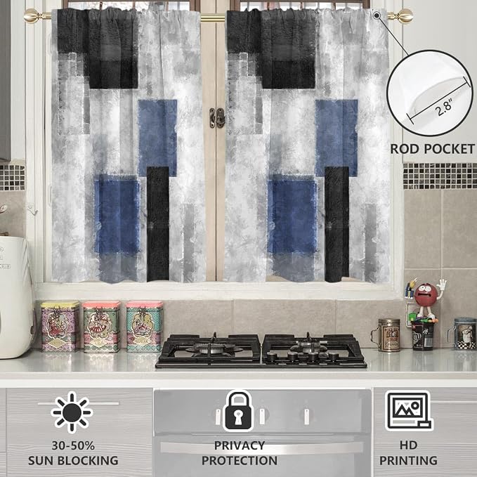 AAtter Blue Black Grey Window Curtain for Kitchen Navy White Gray Abstract Geometric Aesthetic Minimalist Living Room Bedroom Bathroom Drapes Treatment Tiers Fabric 1 Pair, 27.5" W x 45" L, Modern