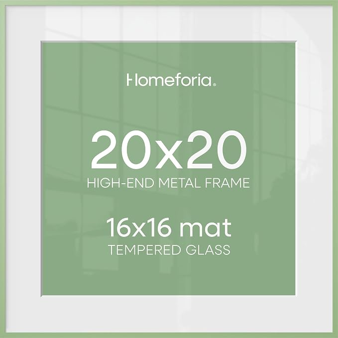 Homeforia 20x20 Picture Frame Sage Green, High End Metal 20 x 20 Square Poster Frames with Mat 16 x 16 Photo, 20x20 Frame Matted to 16x16 Art, 20by20 Hanging Frames, Tempered Glass, Wall Kit, Set of 1