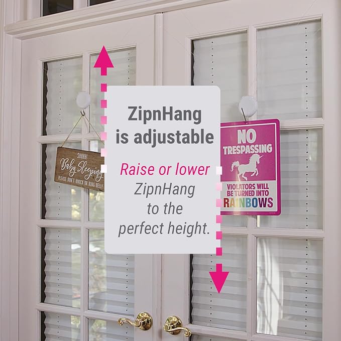 Zip 'n Hang Wreath Hanger for Front Door – Damage Free Adjustable Door Wreath Hanger for Glass, Screen & Standard Doors, Christmas Wreath & Decor Hook (White - 1 Pack)