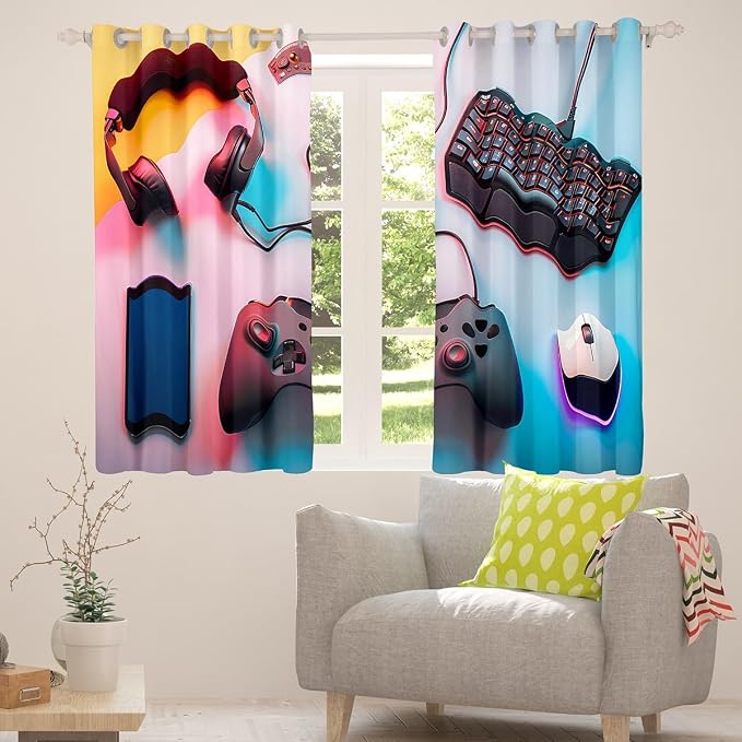 Feelyou Kids Boys Gamer Window Curtains Black Pink Blue Gamer Darkening Drapes Gaming Blankout Curtains Game Room Decor Window Treatments (2 Panels, 38 x 54 Inch)