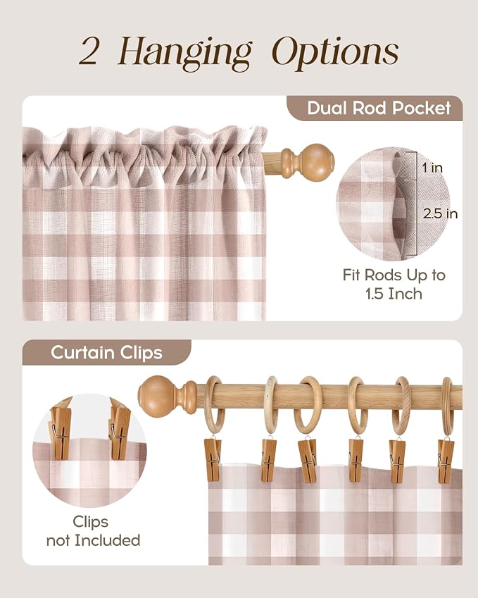 Miss Adola Farmhouse Kitchen Tier Curtains - 24 Inch Length Linen Blend Cafe Curtains Plaid Small Window Treatments Over Sink Rod Pocket for Bathroom Living Room Light Filtering, 2 Panels