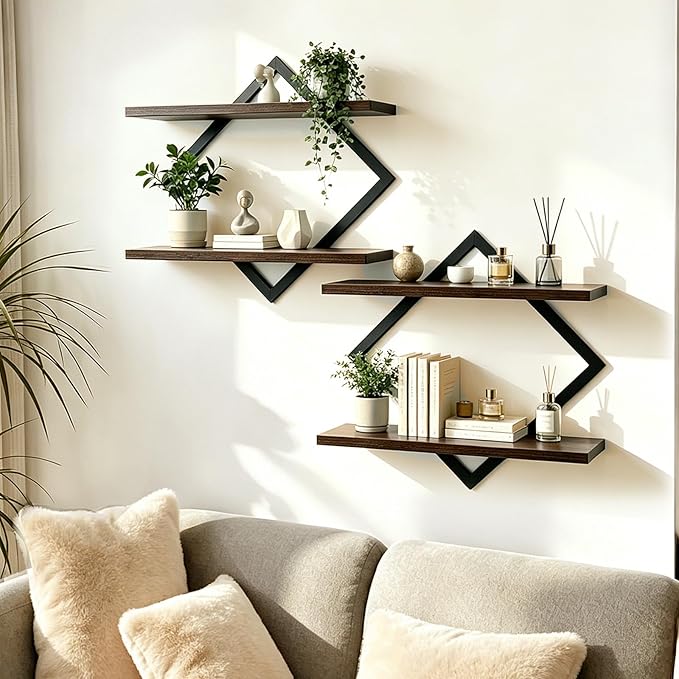 Geometric Floating Shelves Set of 2, Wood Wall Mounted Storage Rack, 22lb Capacity Modern Display Shelves for Living Room, Bedroom, Kitchen, Office, Heavy Duty Decor Organizer