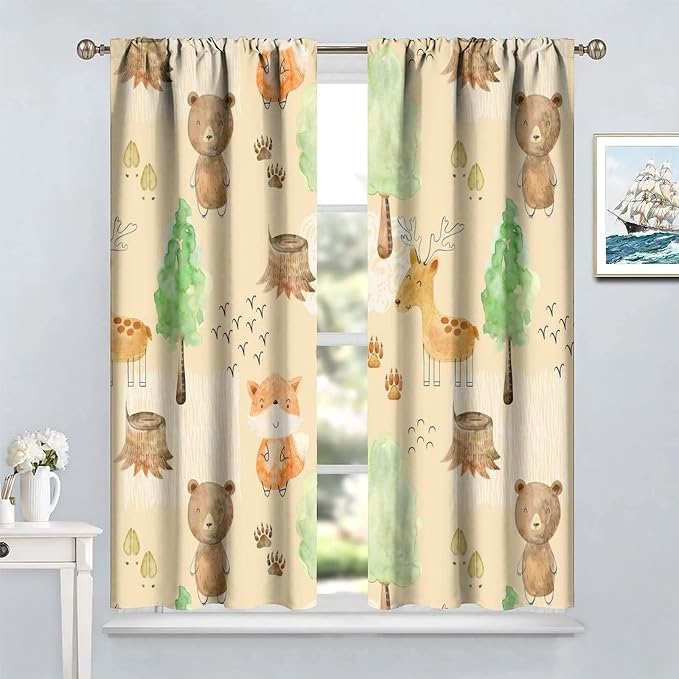 Rustic Animal Curtains, Wild Forest Animal Bear Fox Deer Kids Window Treatments for Living Room Bedroom, Farmhouse Woodland Blackout Drapes 2 Panel Sets, 63x72 Inch