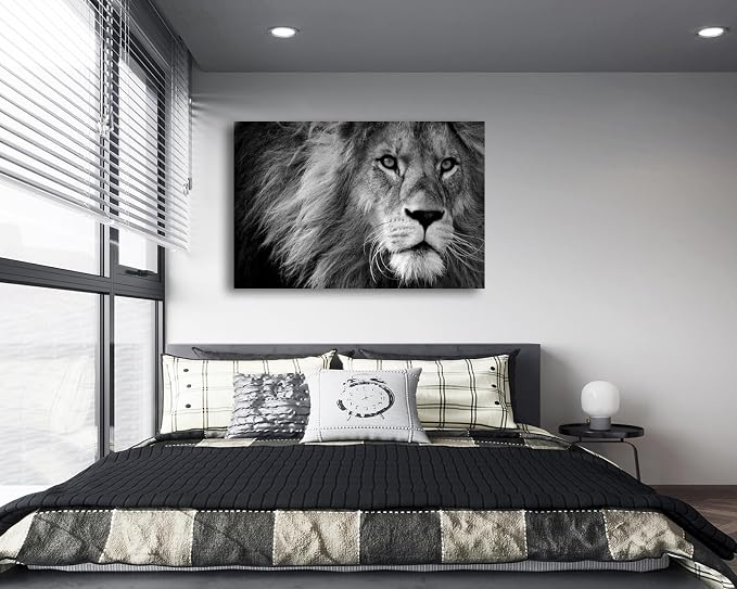 Baisuart Canvas Prints Wall Art Grey lion Stretched Canvas Wooden Framed for living Room Bedroom and Office