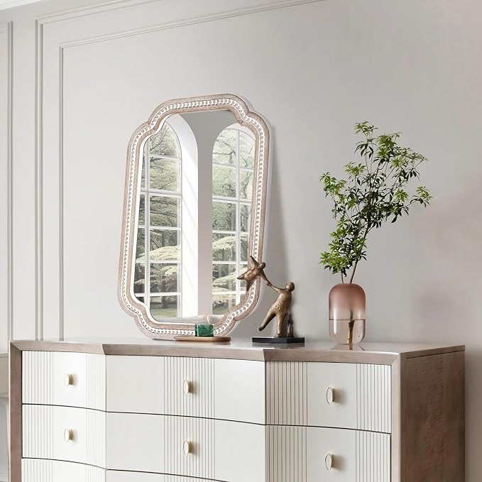 36x24 Inch Scalloped Bathroom Mirror, Wooden Rustic Farmhouse Wall Mirrors | Install Vertical or Horizontal, Subtle Grain-Look Edging Suits Rustic, Cottage, Coastal, Vintage, and Modern Interiors
