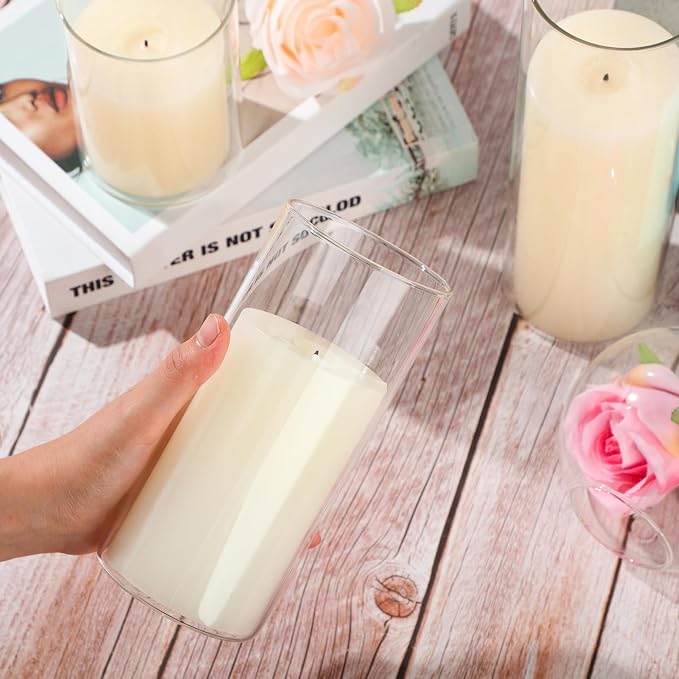 Shihanee Set of 6 Pillar Candles with Glass Cylinder Vases Clear Cylinder Hurricane Candleholders for Slim Tall Pillar Candles Wedding Table Centerpieces(3'' X 5.9", 7.9", 9.8",Ivory)