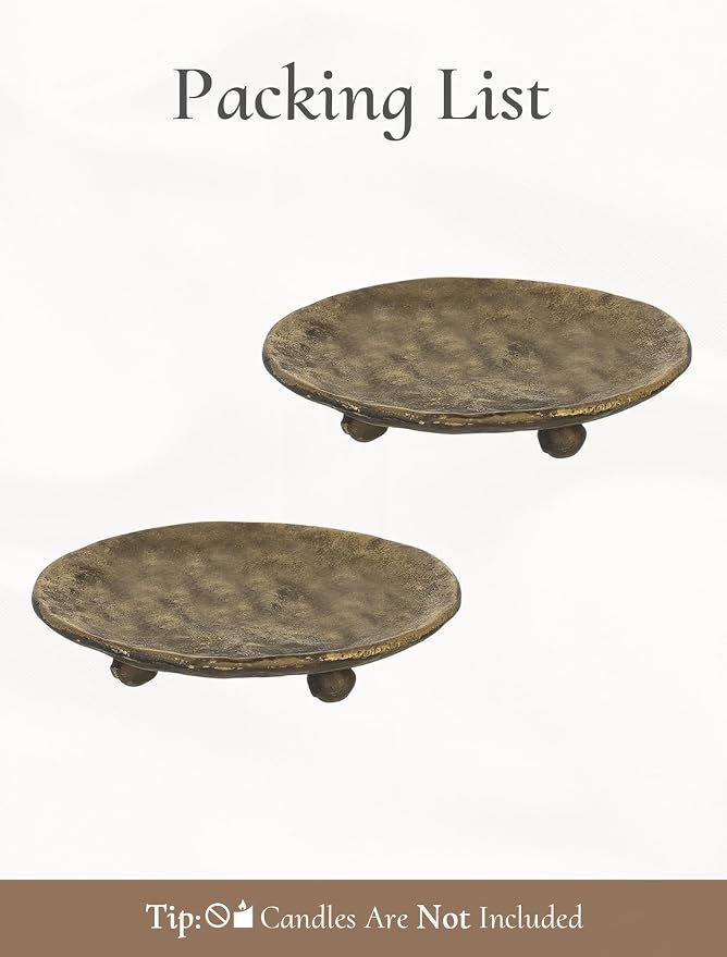Cast Iron Candle Holder: 4.6 in Pillar Gold Candle Plate Brass Pedestal Stand Vintage Decorative Tray for 3 Wick Jar Candles Tealight Votive for Table Home Christmas Set of 2