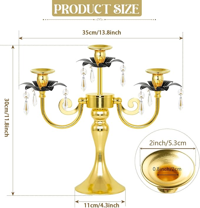 2 Pcs 3 Arm Black and Gold Metal Candelabra with Crystal Pendants - 11.8 Inch Tall Candle Holders, Elegant Taper Candlestick Stand for Wedding, Dining Table, Christmas Party Home Decoration