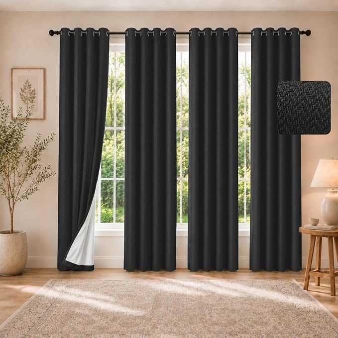 4 Panels 100% Blackout Linen-Textured Curtains, Thick Thermal Insulated Grommet Drapes with Subtle Herringbone Weave, Luxury Decor for Bedroom/Living Room, 54 x 108 Inches, Black