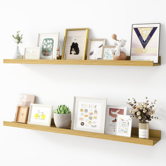 Picture Ledge Shelf, Wood Floating Shelves Set of 2, 36 inch Picture Ledge Shelves, Photo Ledge Nursery Book Shelves Wall Mounted for Living Room Kids' Room Bedroom, Color Oak