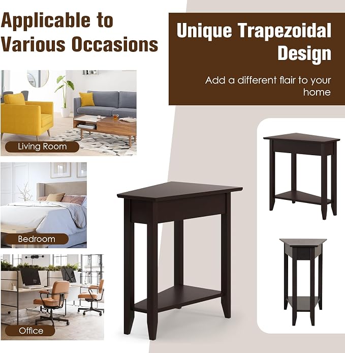 Giantex Wedge End Table Set of 2, Triangle Side Table with Storage Shelf and Solid Wood Legs, Recliner Table, 24.5" Tall Nightstand, Modern Narrow Accent Table for Small Space Living Room, Espresso