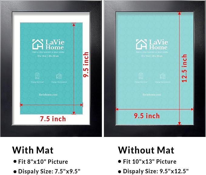 LaVie Home 10 x 13 Picture Frame Black Poster Frame,Display Pictures 8x10 with Mat or 10x13 Without Mat, Stable and Sturdy Frame and Polished Plexiglass, Horizontal and Vertical Format of The Walls