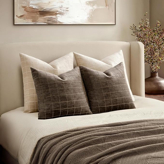 MIULEE Brown Plaid Decorative Fall Throw Pillow Covers 18x18 Set of 2 | Vintage Check Chenille Couch Pillows Boho Farmhouse Cushion Covers Modern Fall Home Decor for Sofa Bed Living Room