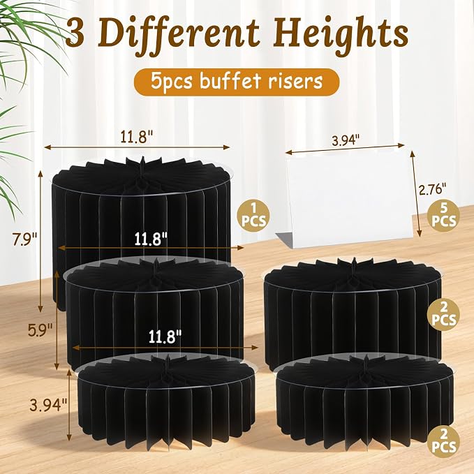 5Pack Buffet Risers Display Stands Foldable Food Risers for Buffet Table Tall Cake Cupcake Stands Cardboard Cylinder Stand Dessert Table Display Set for Catering Jewelry Wedding Party Decor (Black)